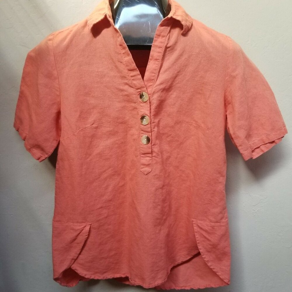 Collection L Womens Sz 6 Orange Cotton Linen Collared Henley Top Blouse High-Low